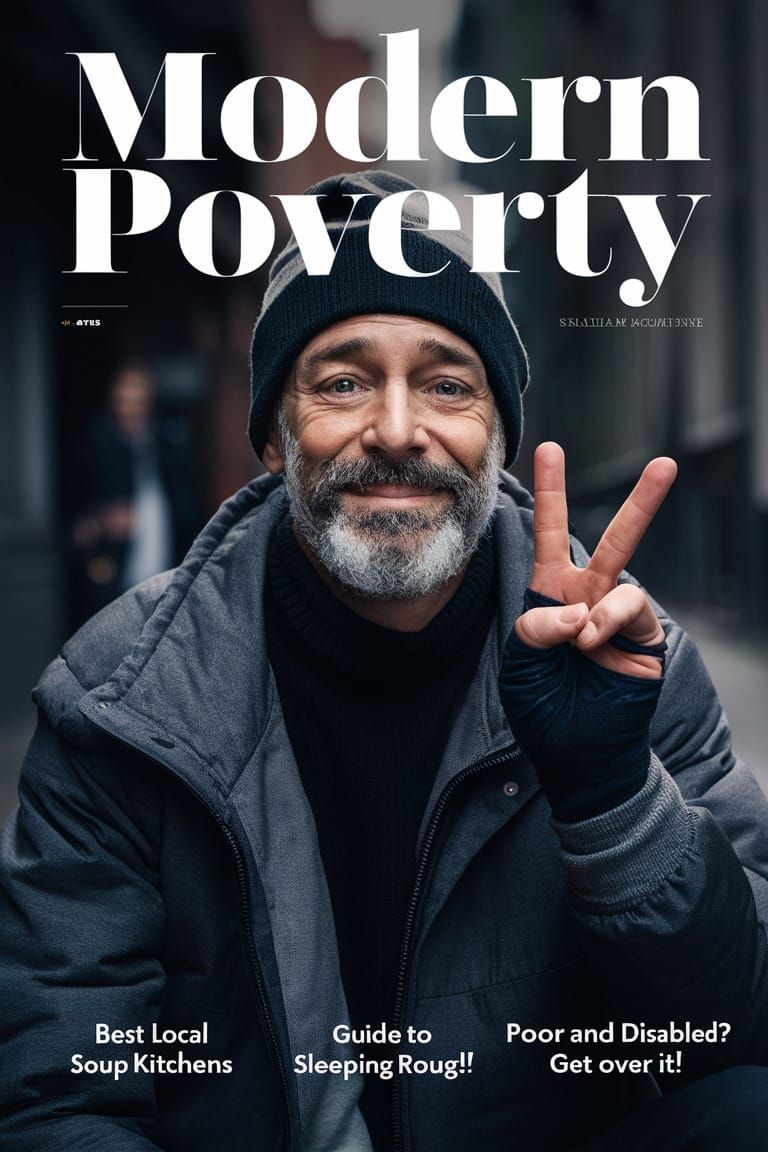 Magazine Cover: Homeless Man Smiling with Peace Sign