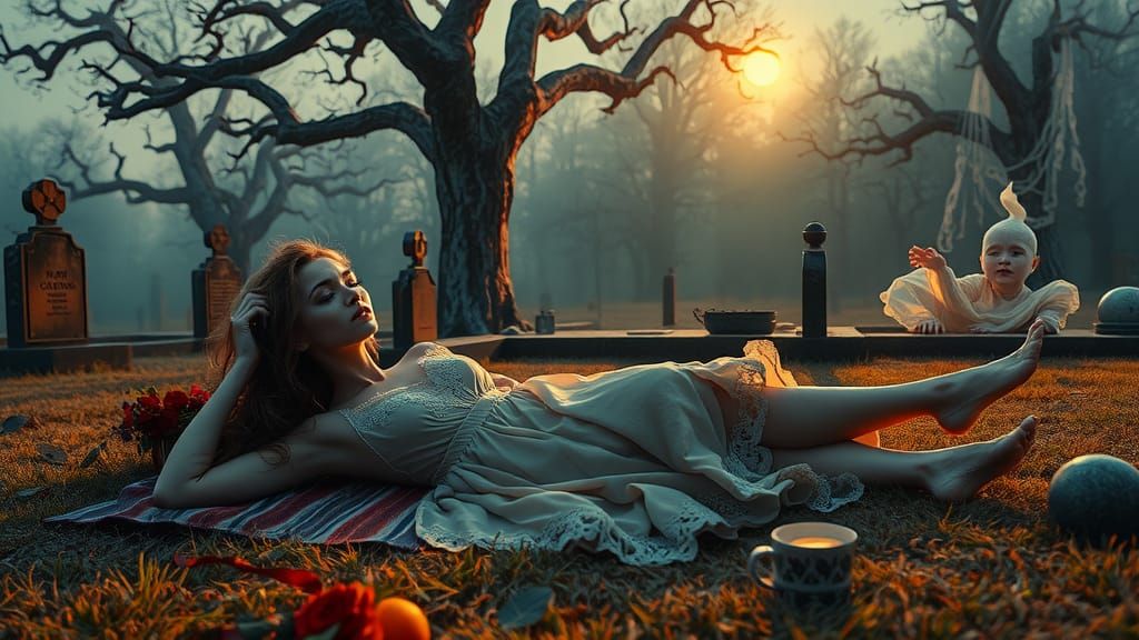 Ethereal Picnic with Ghost in Cemetery, Detailed 8K Art