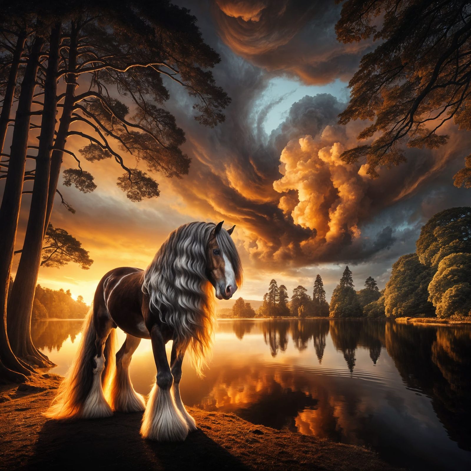 Majestic Brown Clydesdale in Golden Sunset Glade