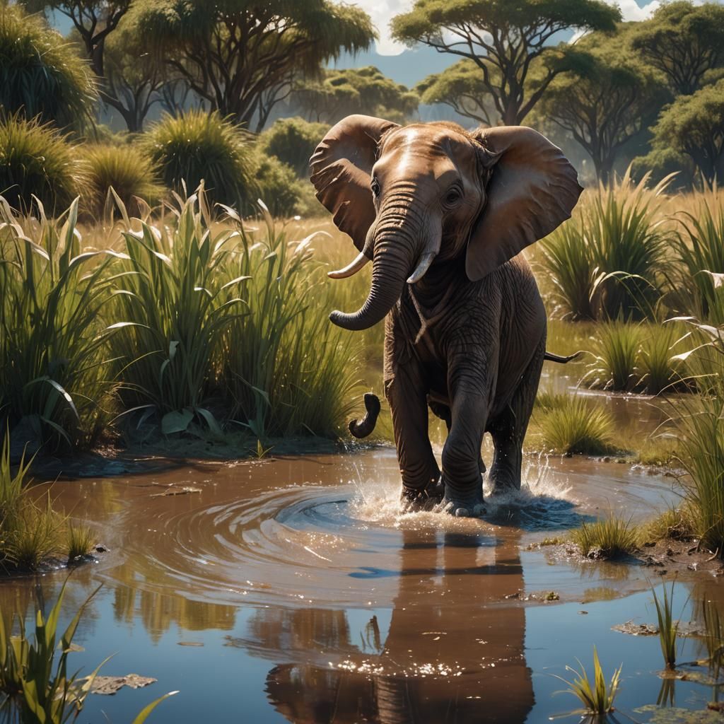 Elephant in a Giant Puddle: Surreal Fantasy Art