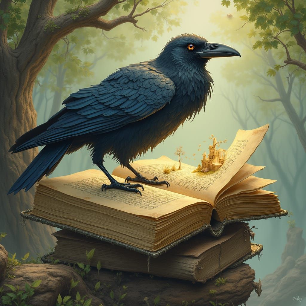 Raven on Ancient Book Reveals Miniature Worlds
