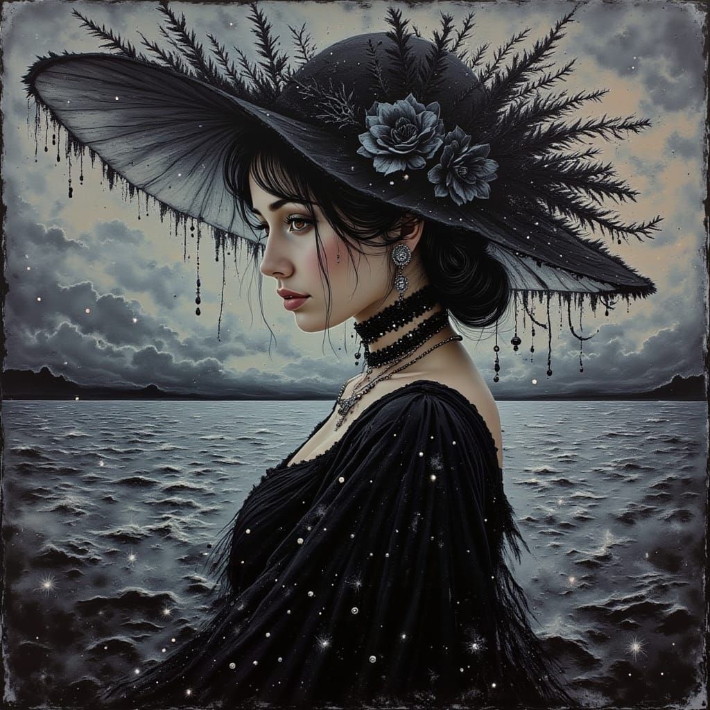 Renaissance Oil Painting of a Woman in a Gothic Seaside Scen...