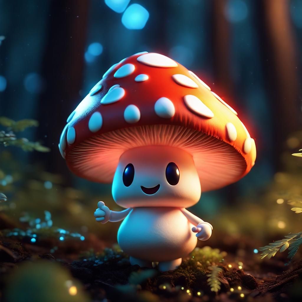Luminescent Pixar Chibi Mushroom in Glowing Forest