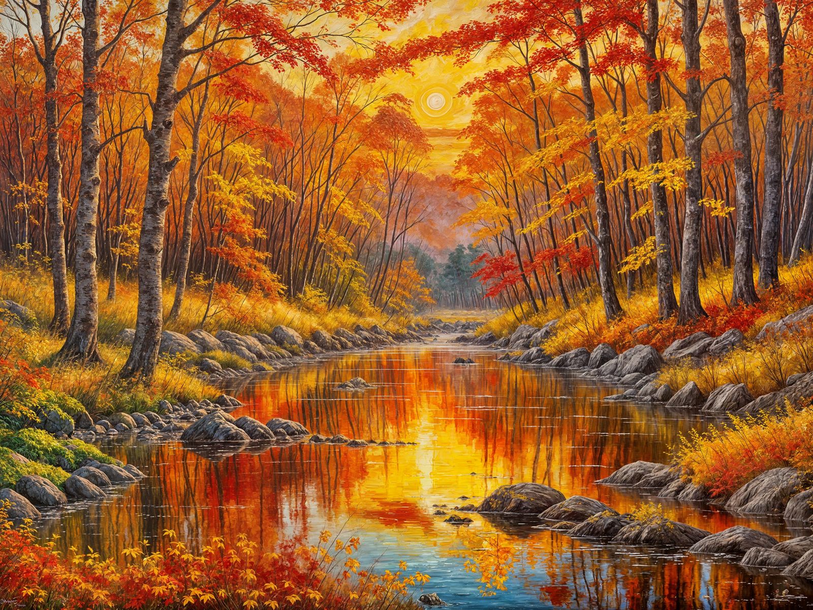 Autumn Sunset River Painting