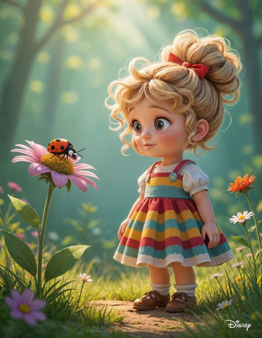 Charming Girl With Big Head in Fairy Tale Forest