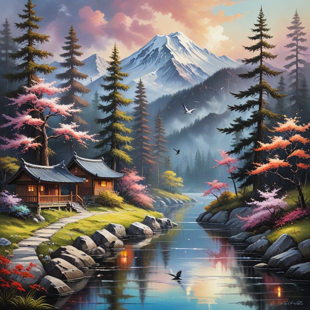 Blossom Tree Bird in Japanese Ink Art Style