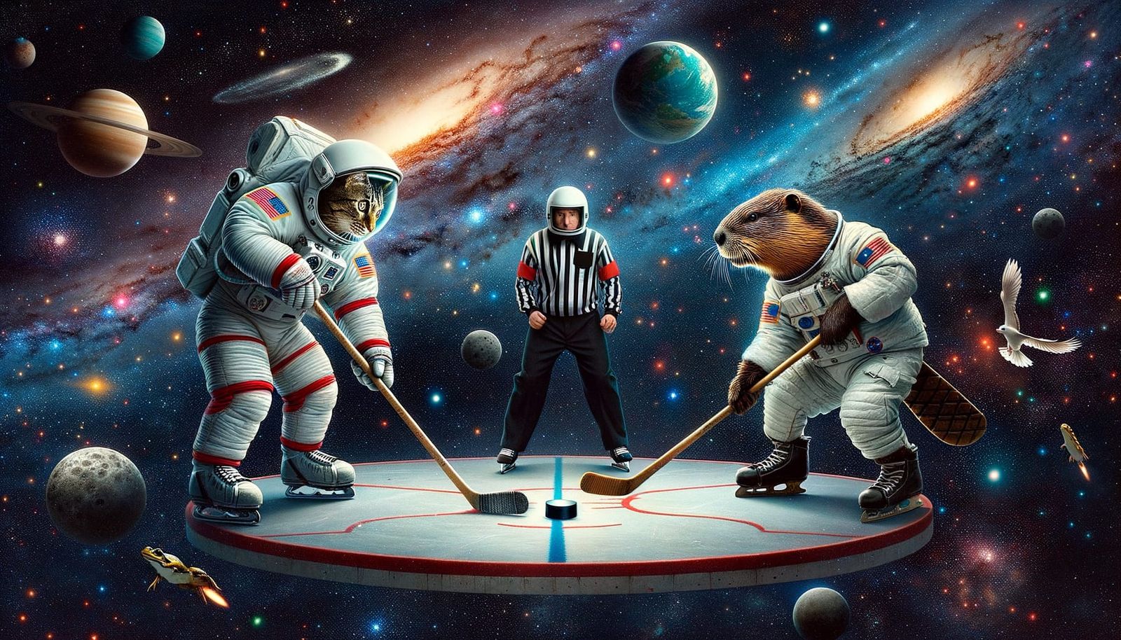 Cosmic Hockey Game with Astronaut Cat and Beaver