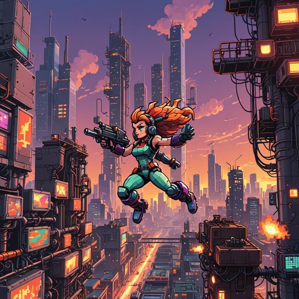 Megawoman Pixel Art Cityscape at Sunset