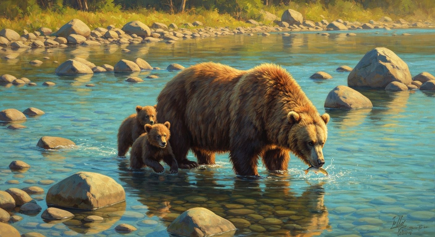 Bear Family Fishing in River, Oil Painting Style