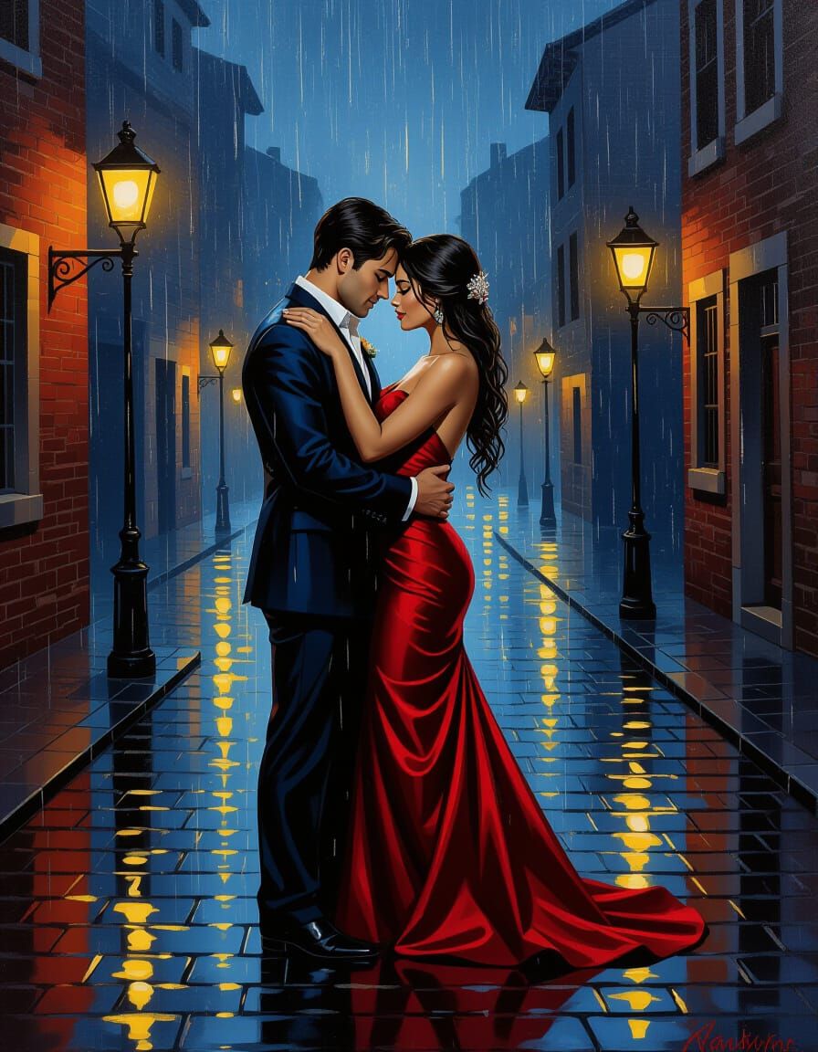 Twin Flames Embrace in Rain, Oil Painting