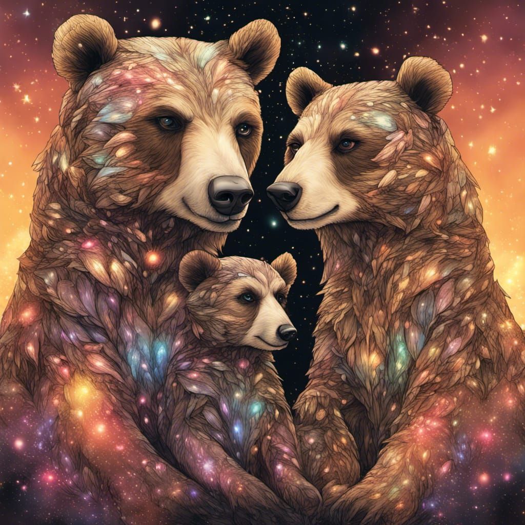 Rainbow Winged Bear Cubs in Cosmic Treehouse