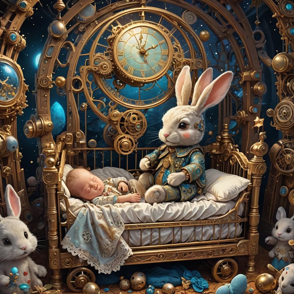Baby Asleep with Clockwork Bunny in Digital Painting