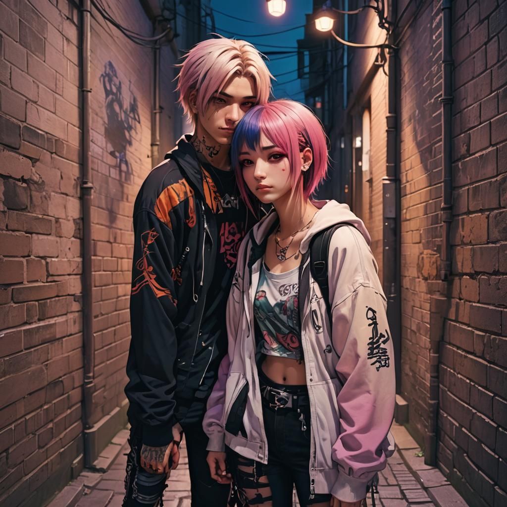 Anime-Inspired Emo Couple Portrait in Cityscape