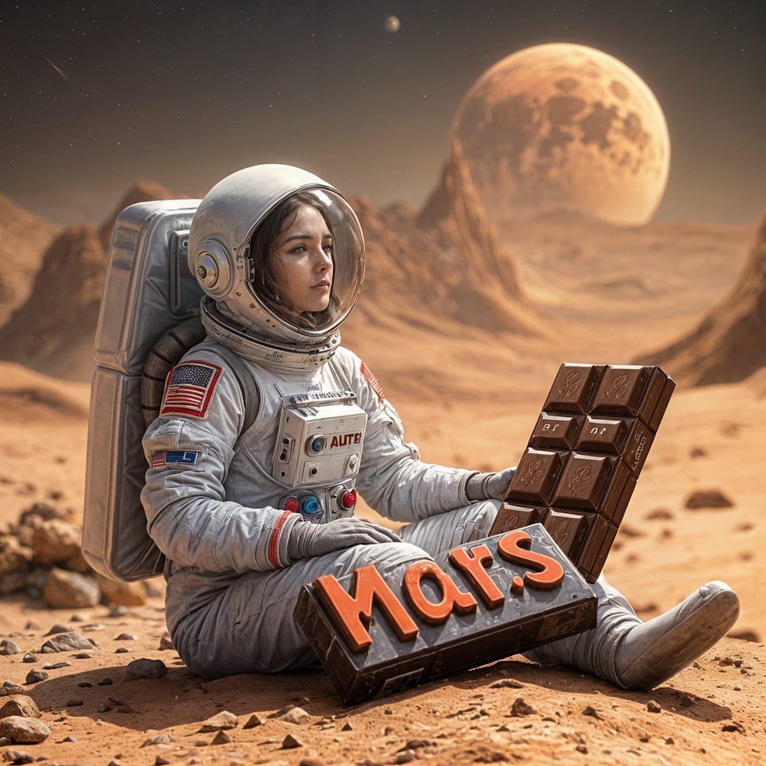 Astronaut on Mars Contemplates Chocolate Bar