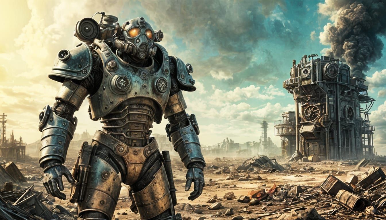 Wasteland Survivor in Mechanical Armor, Digital Photoillustr...