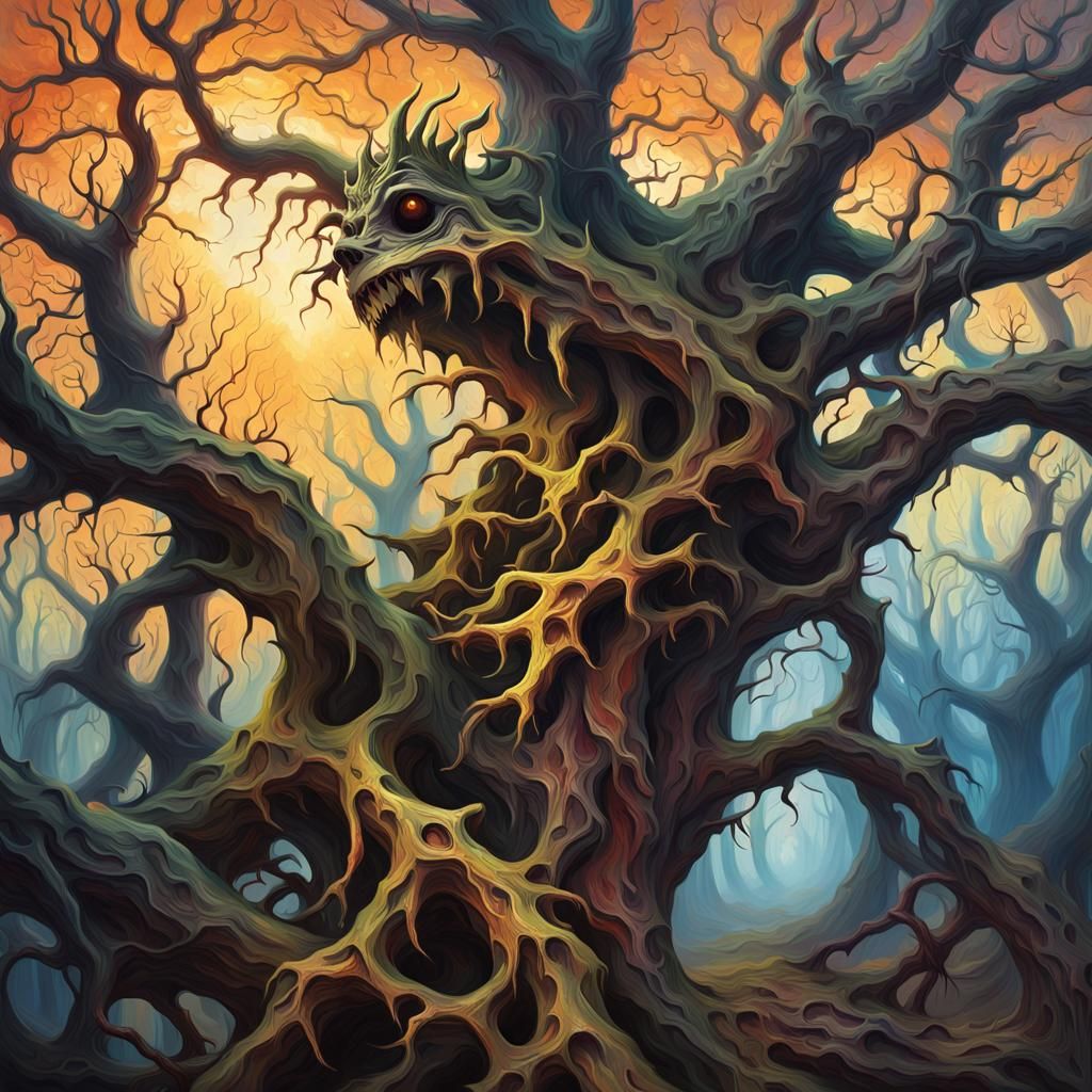 Grotesque Vines Entangle Decaying Tree in Dark, Mystical For...