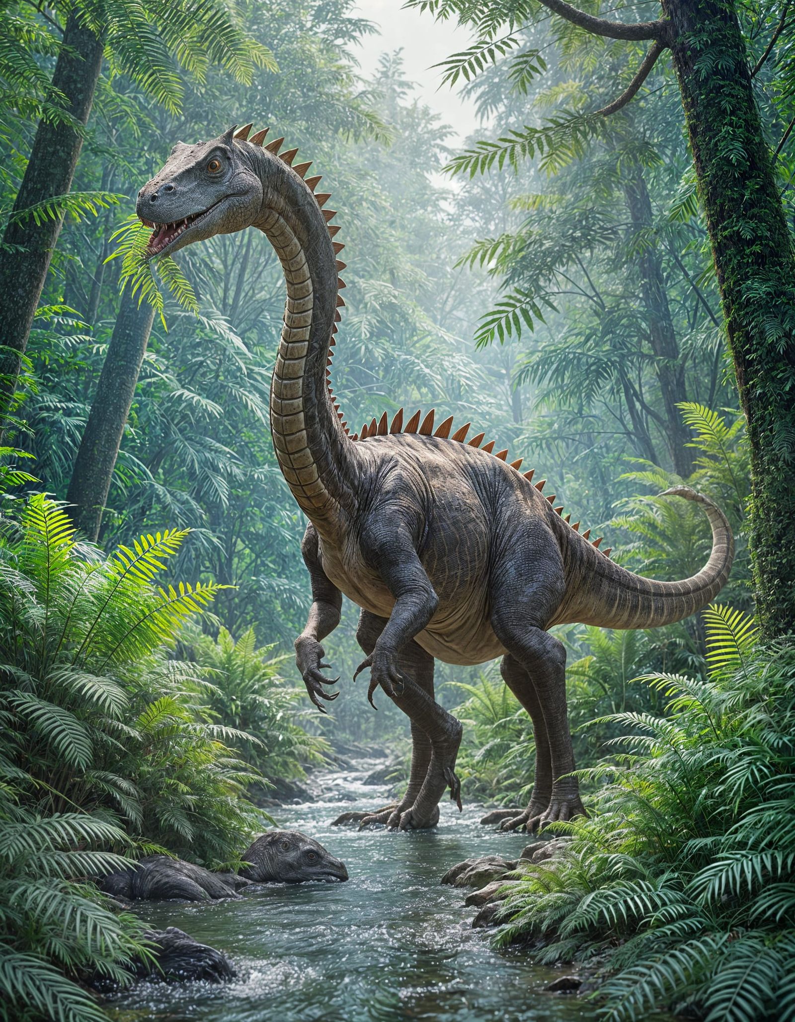 Long-Necked Dinosaur Grazing Among Ferns: Digital Art