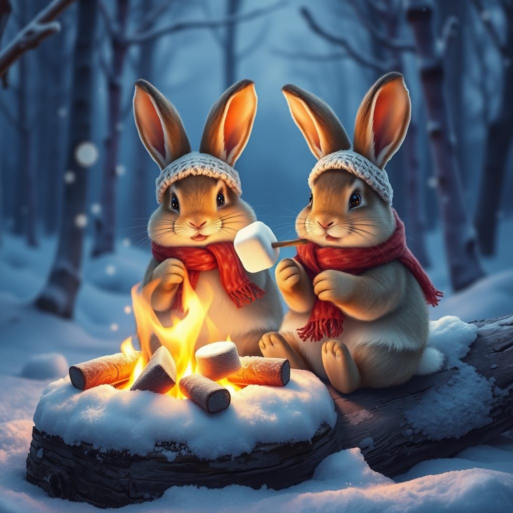 Winter Wonderland Bunnies Savor Marshmallow Toastiness