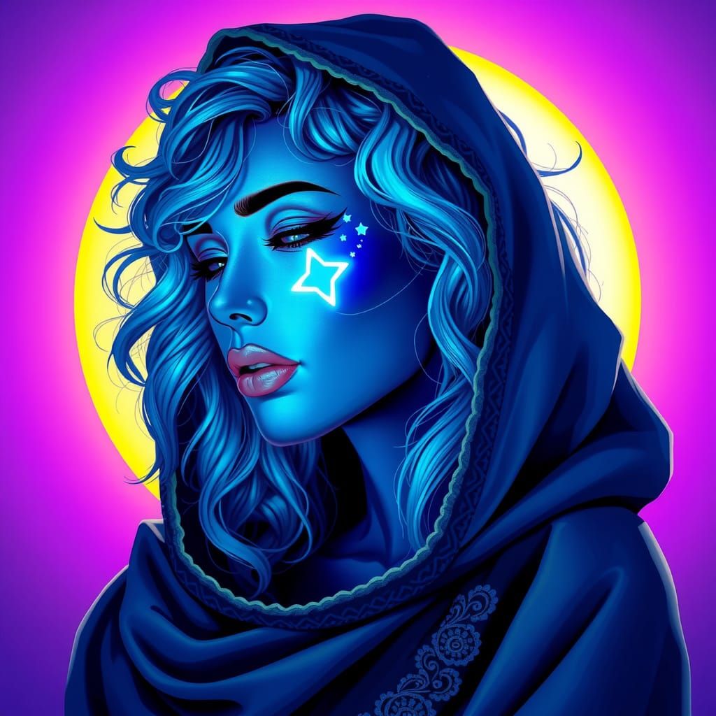 Glowing Blue Goddess Under Ethereal Blue Moonlight