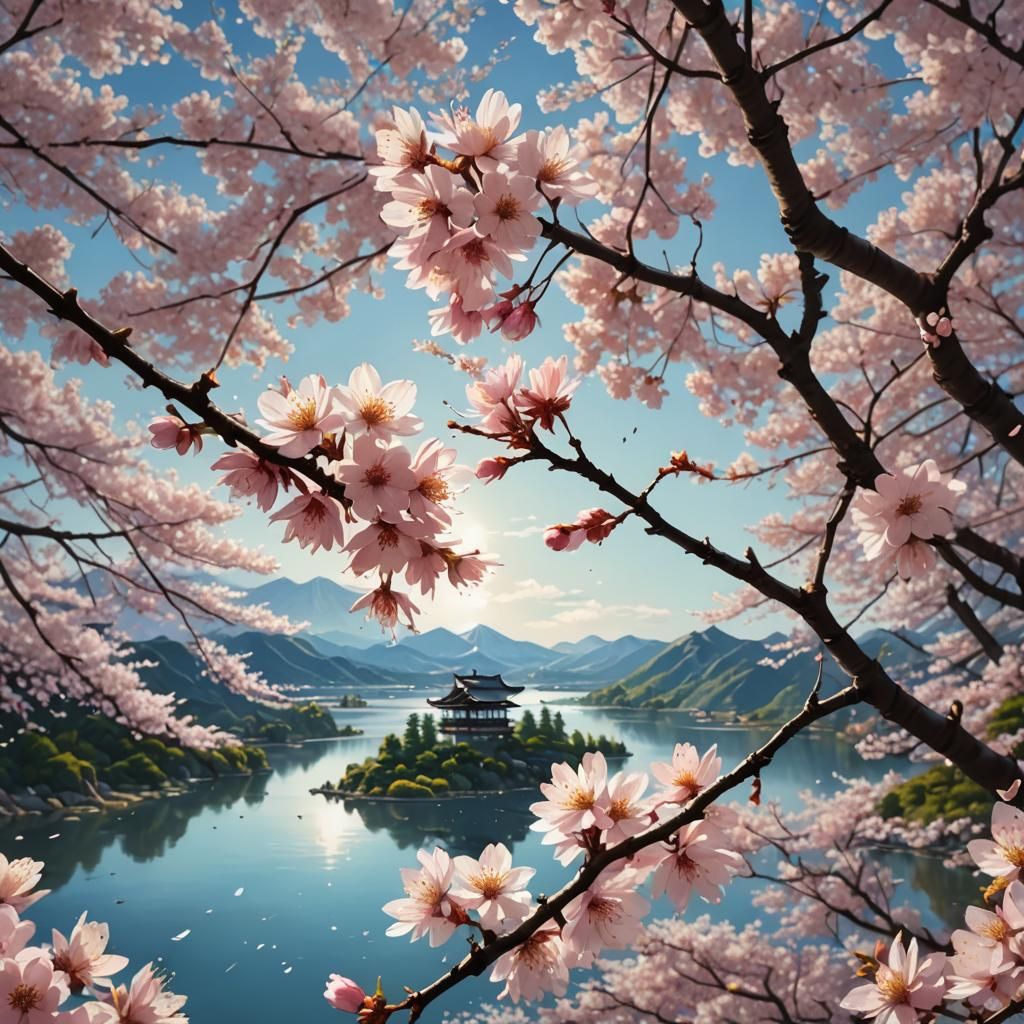 Hyperrealistic Cherry Blossom Over Japanese Lake