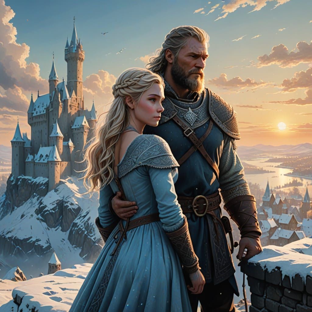 Viking Leader and Woman in Snowy Winter Landscape