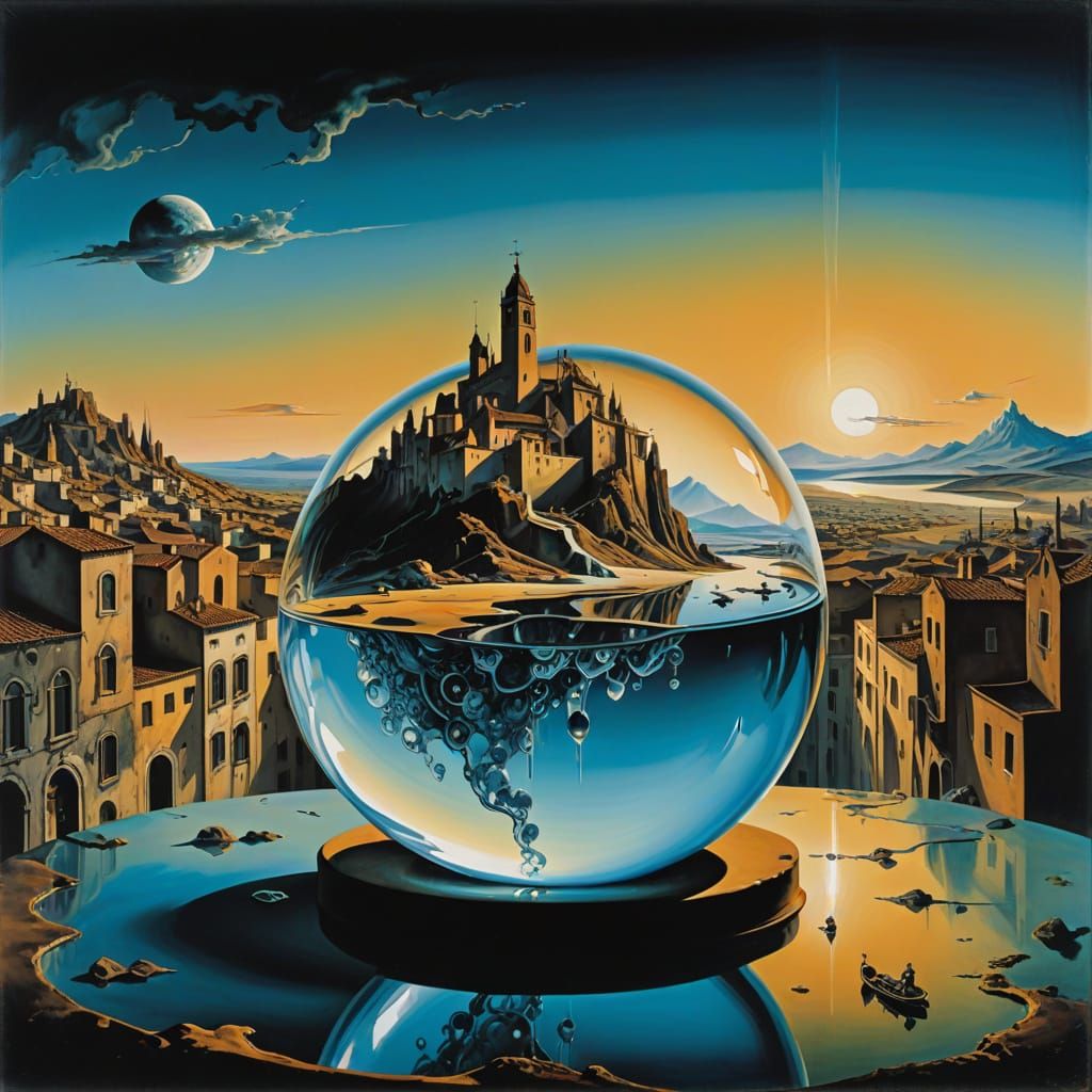 Surreal Crystal Ball with Cityscape Interior