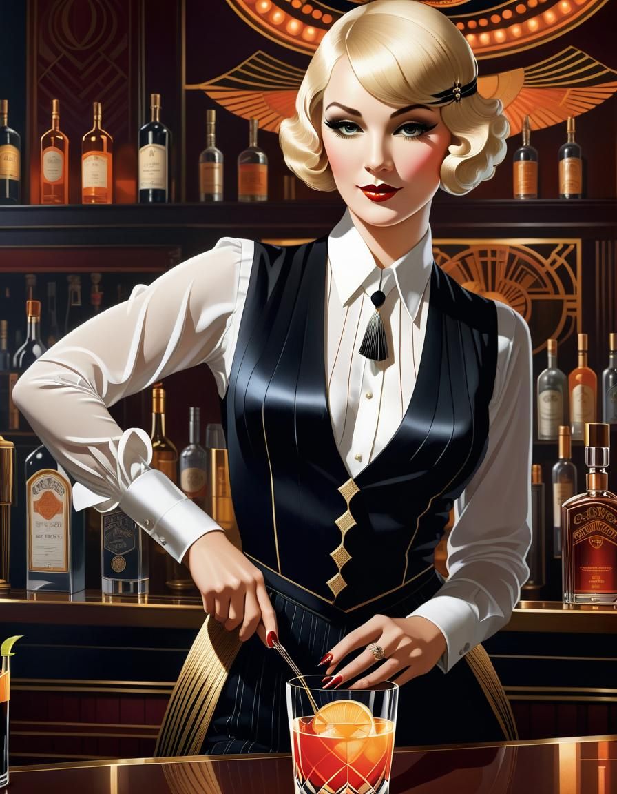 Art Deco Bartender in 1920s Speakeasy