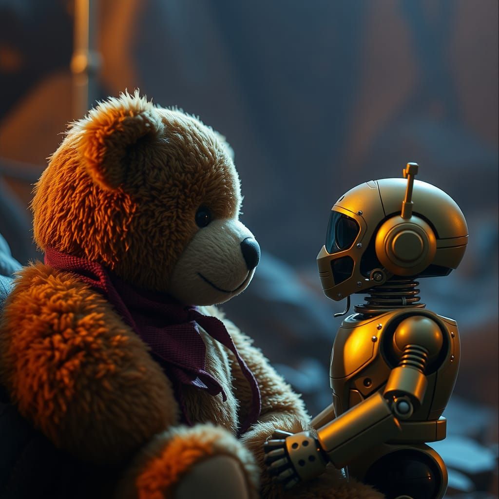 Teddy Bear and Robot Child: A Cinematic Still