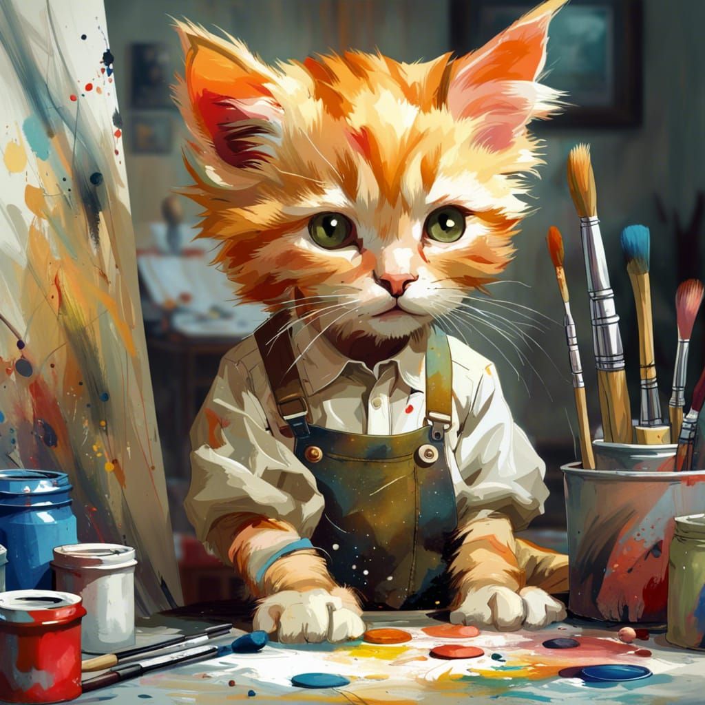 Adorable Anthro Kitten Painter in Detailed Digital Art