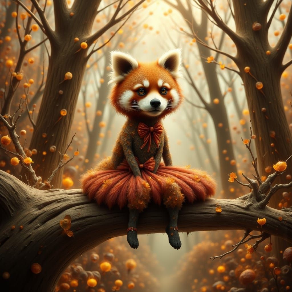 Red Panda Girl in Golden Autumn Jungle