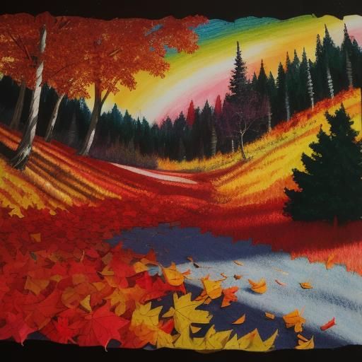 Child's Crayon Drawing of Autumn Landscape