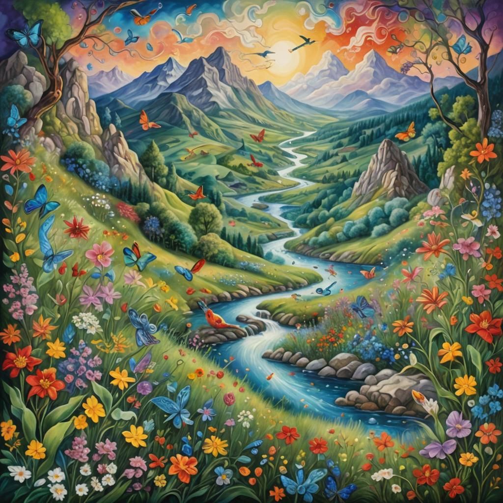 Surreal Whimsical Landscape with Birds and Butterflies