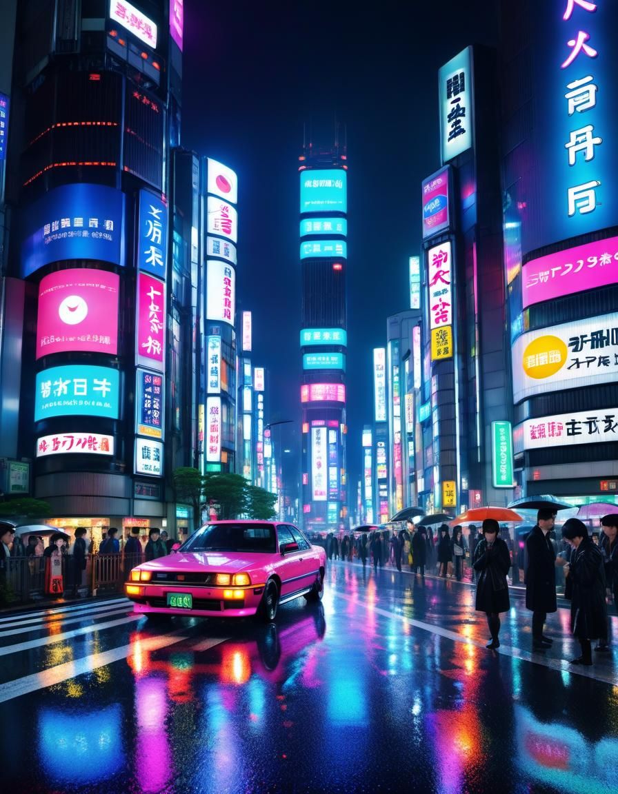 Shibuya at Night: Neon Reflections in Cyberpunk Style