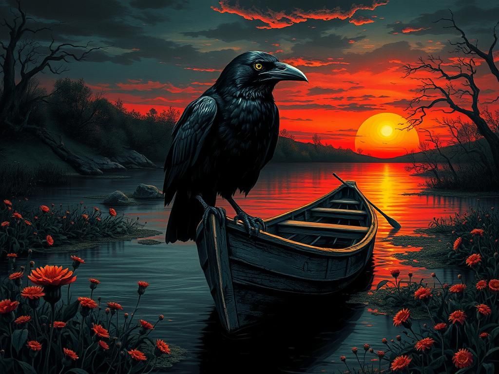 Raven on Boat in Haunting Color Print Style