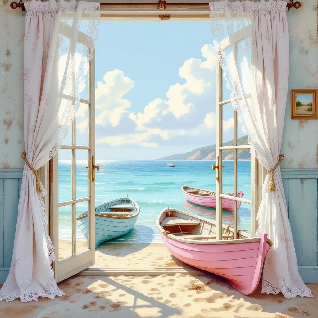 Pastel Seascape View Through Lace Curtains