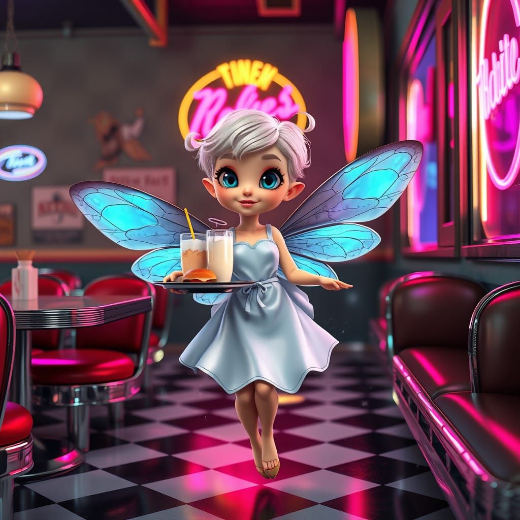 Mischief in a 1950s Diner - Cyberpunk Fairy as Anime Realism