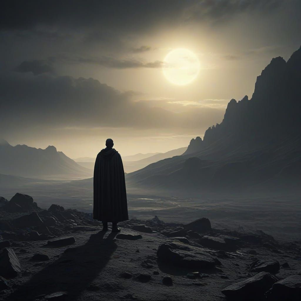 Desolate Landscape Digital Matte Painting of a Shadowed Figu...