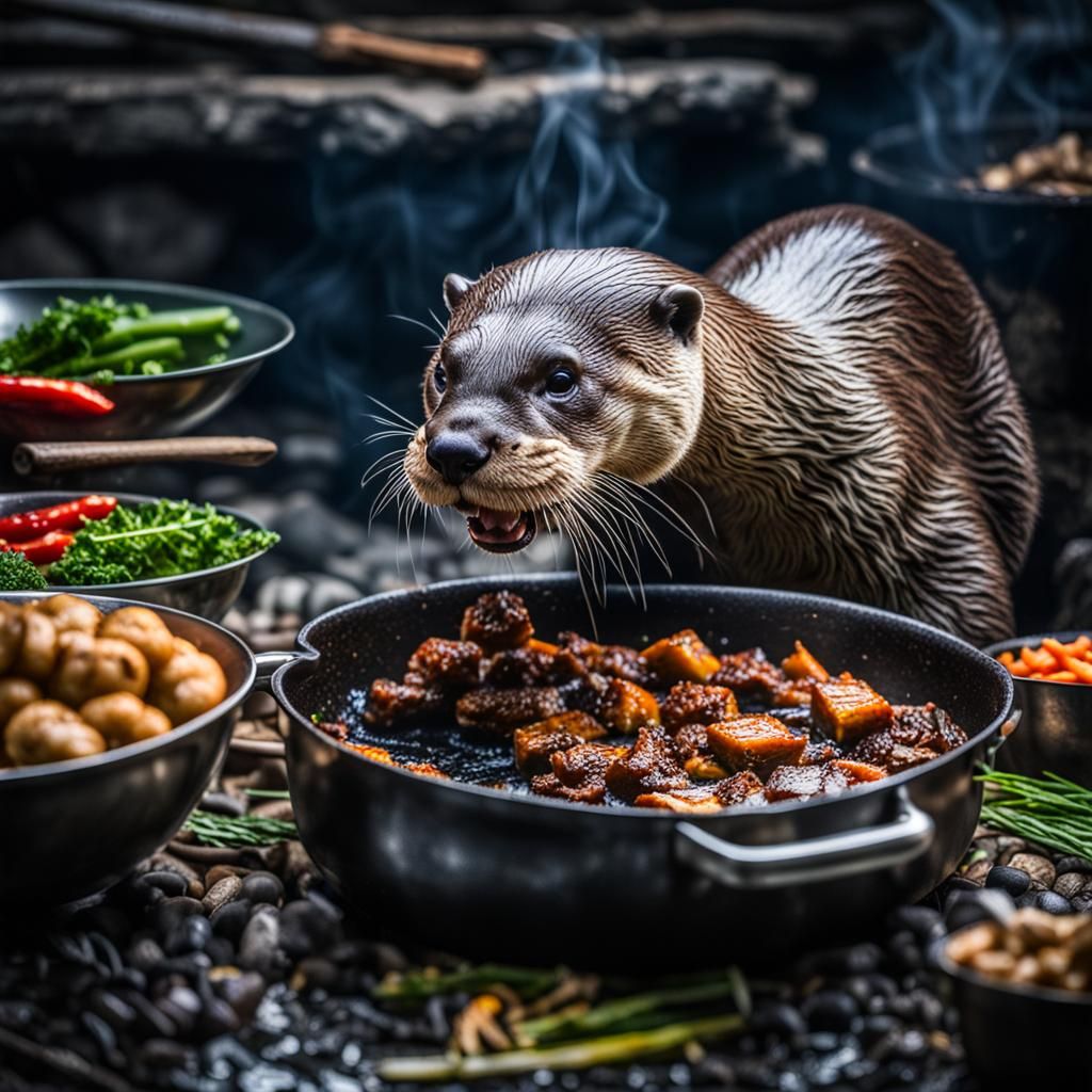 Hyperrealistic Otter Cooking Food in Sharp Focus