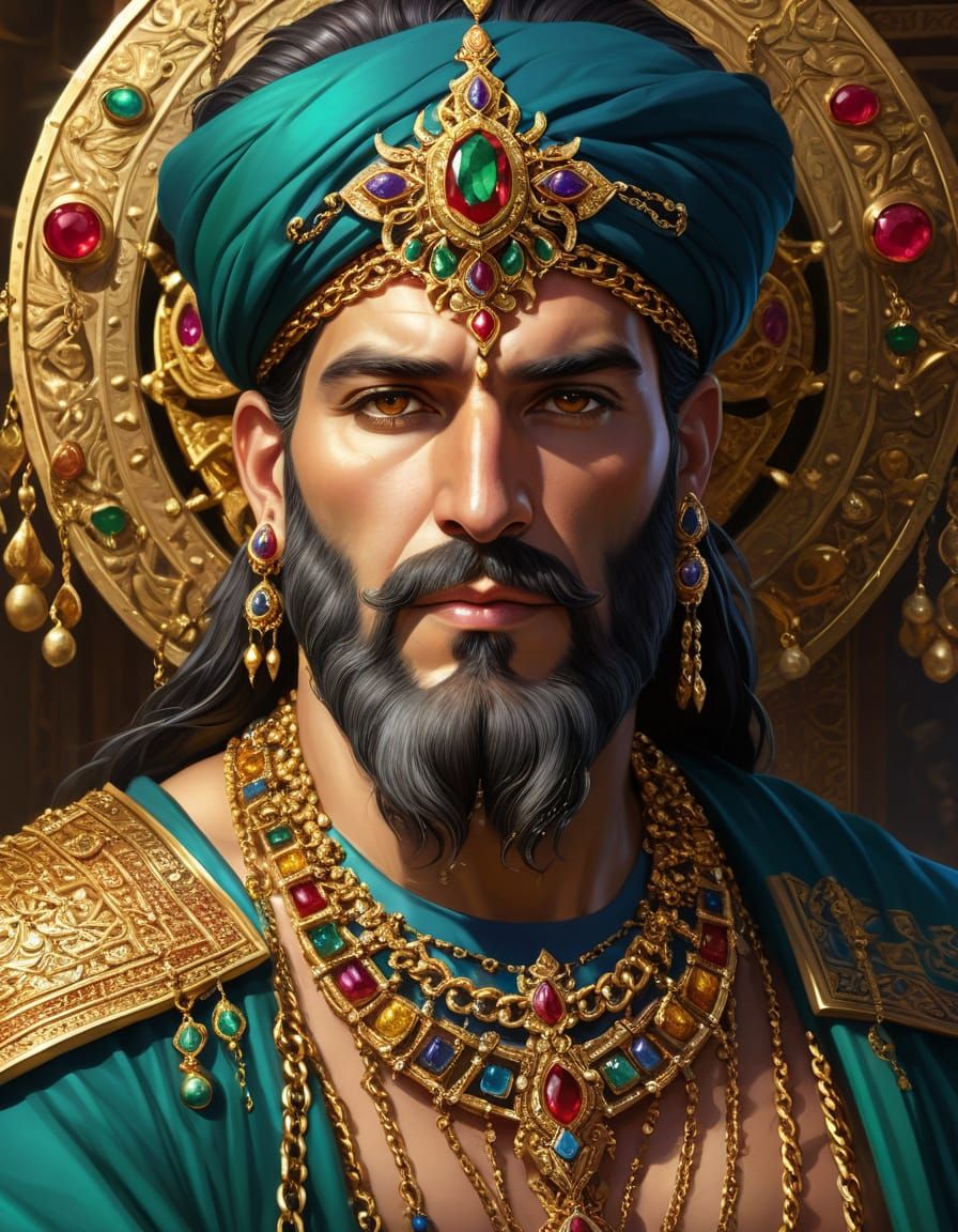 Ancient Persian Emperor in Opulent Golden Regalia