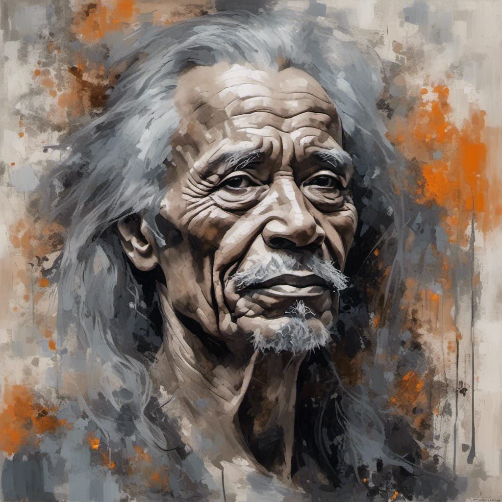 Portrait of disheveled gray-haired old man <lora:Representation:1.0> wearing black top hat, one gloved hand to lips in l...