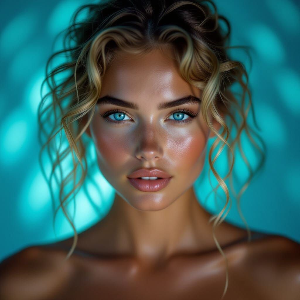 Hyperrealistic Woman Portrait with Dramatic Blue Lighting