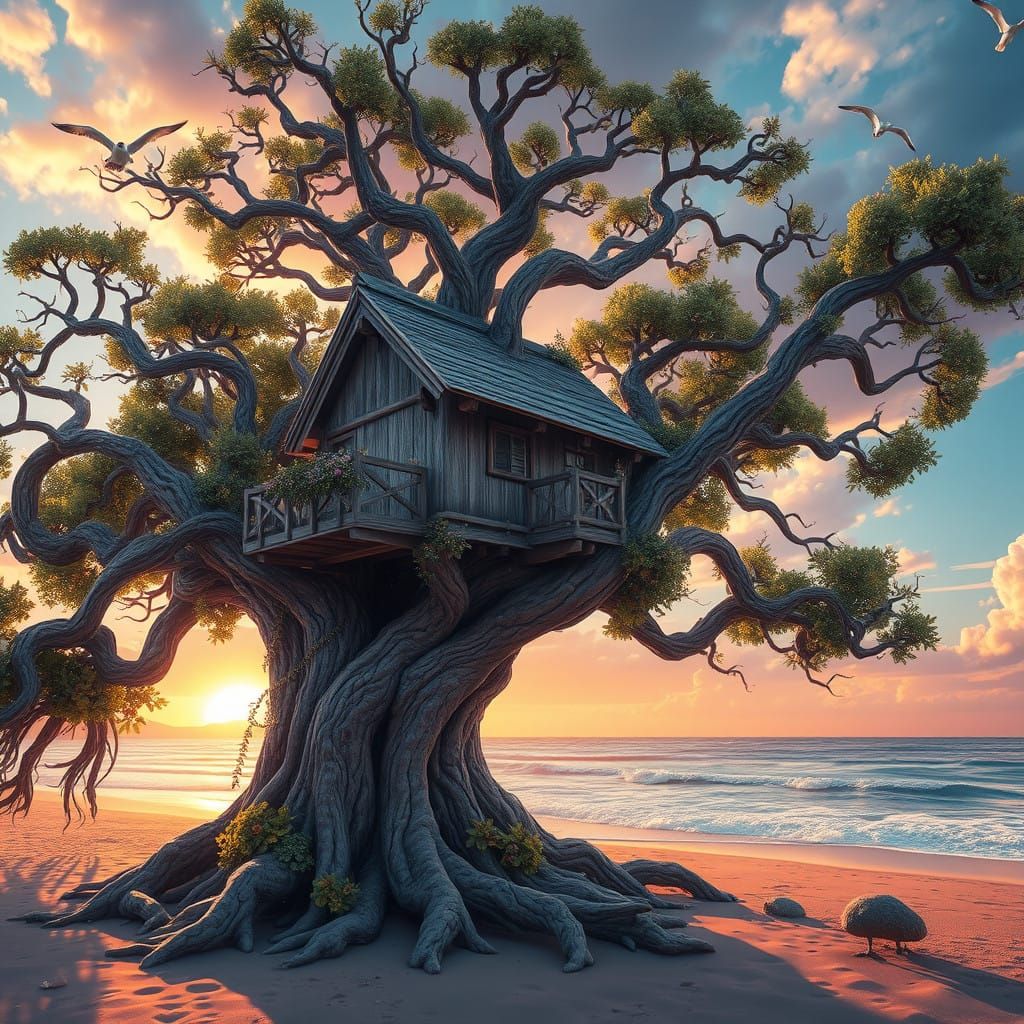 Majestic Beachside Tree House Amidst Vibrant Sunset
