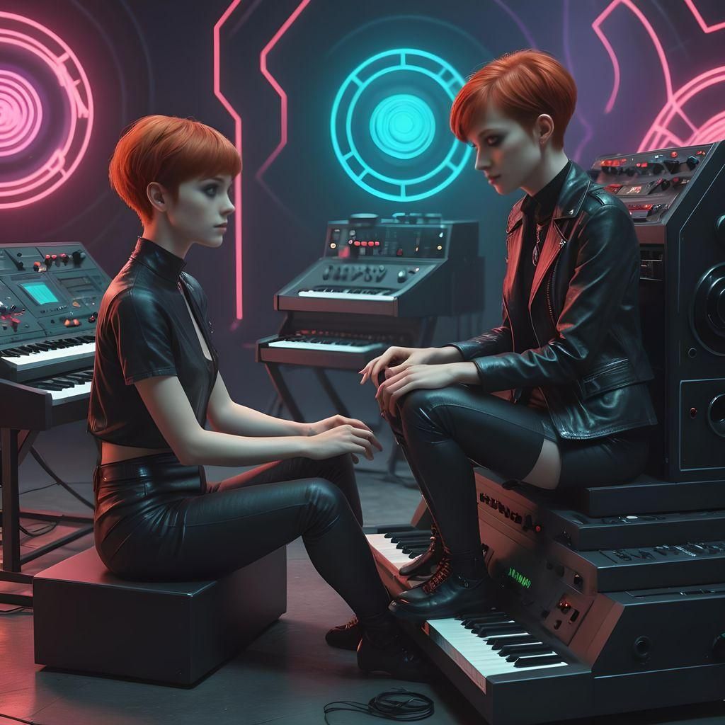 Redhead Girl Hypnotized at Synthesizer in Synthwave Style