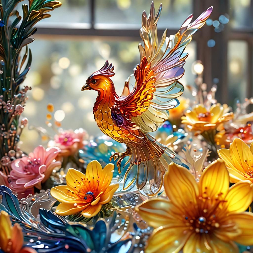 Luminescent Glass Phoenix with Flowers in Macro