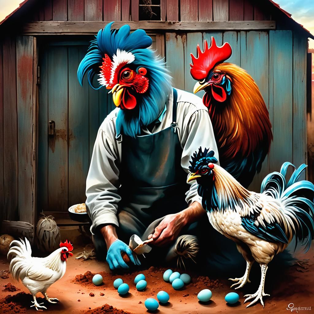 Farmer, Chicken, and Rooster in Detailed Art