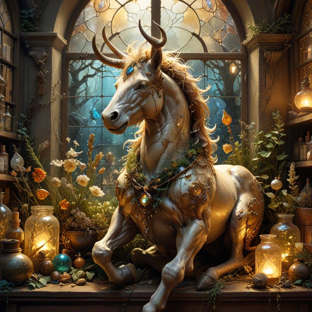 Centaur Apothecary with Herbs and Mystical Artifacts