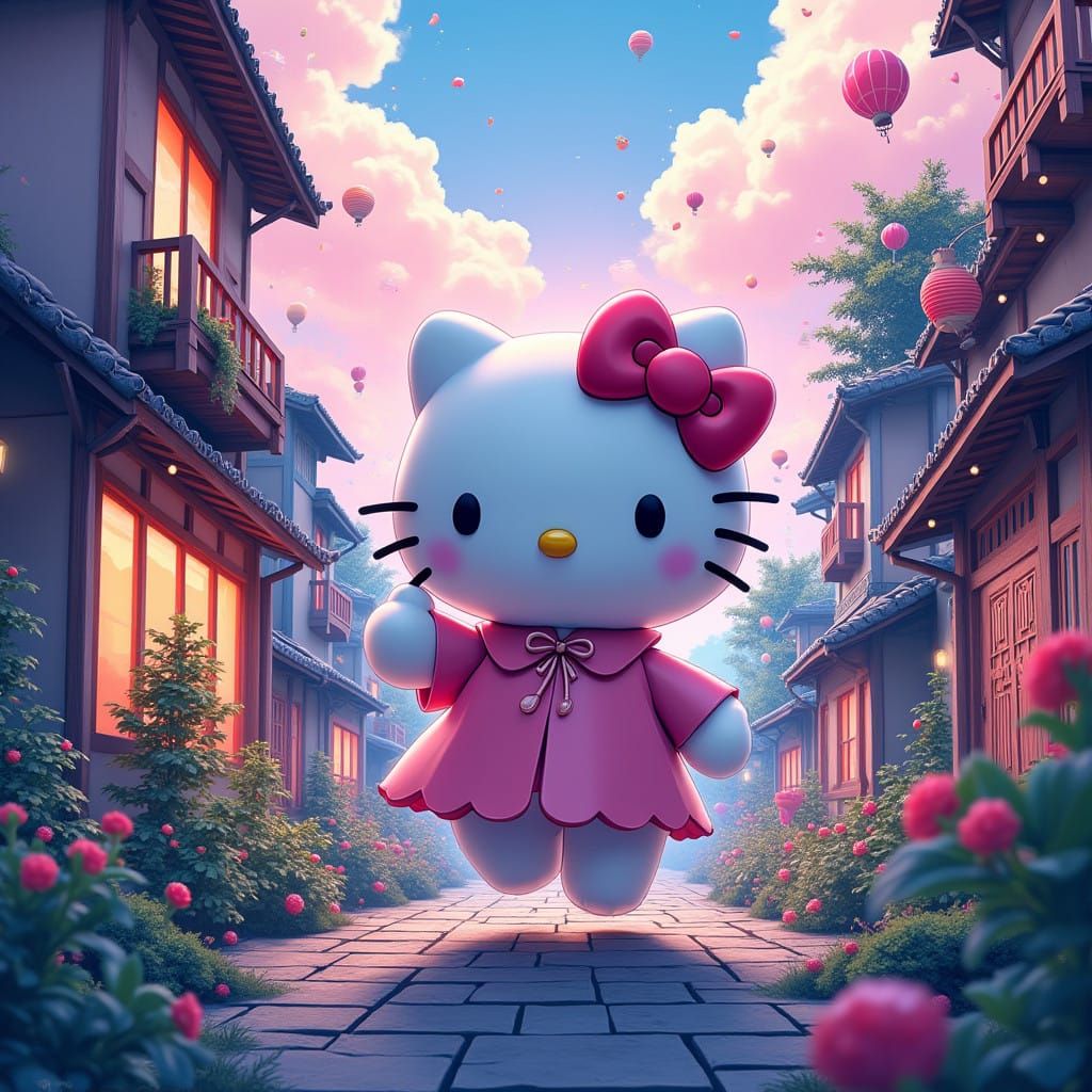 Hello Kitty in Vibrant Anime Scenery