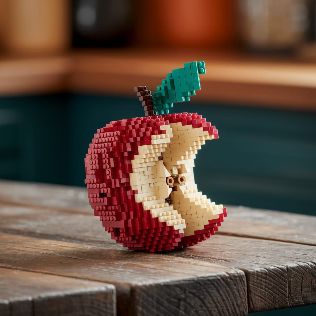 Vibrant Lego Apple on Rustic Kitchen Table
