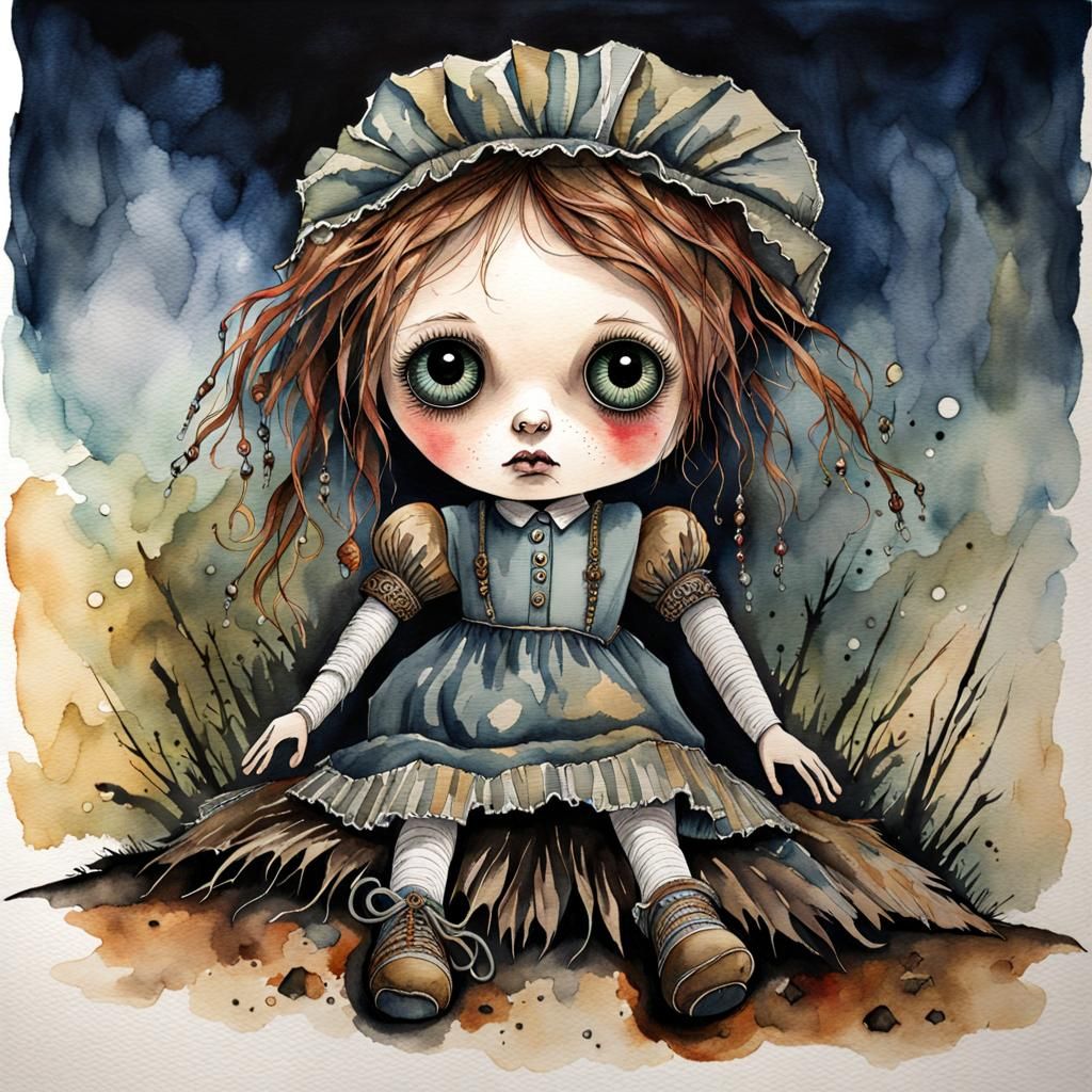 Ominous Rag Doll in Watercolor Style