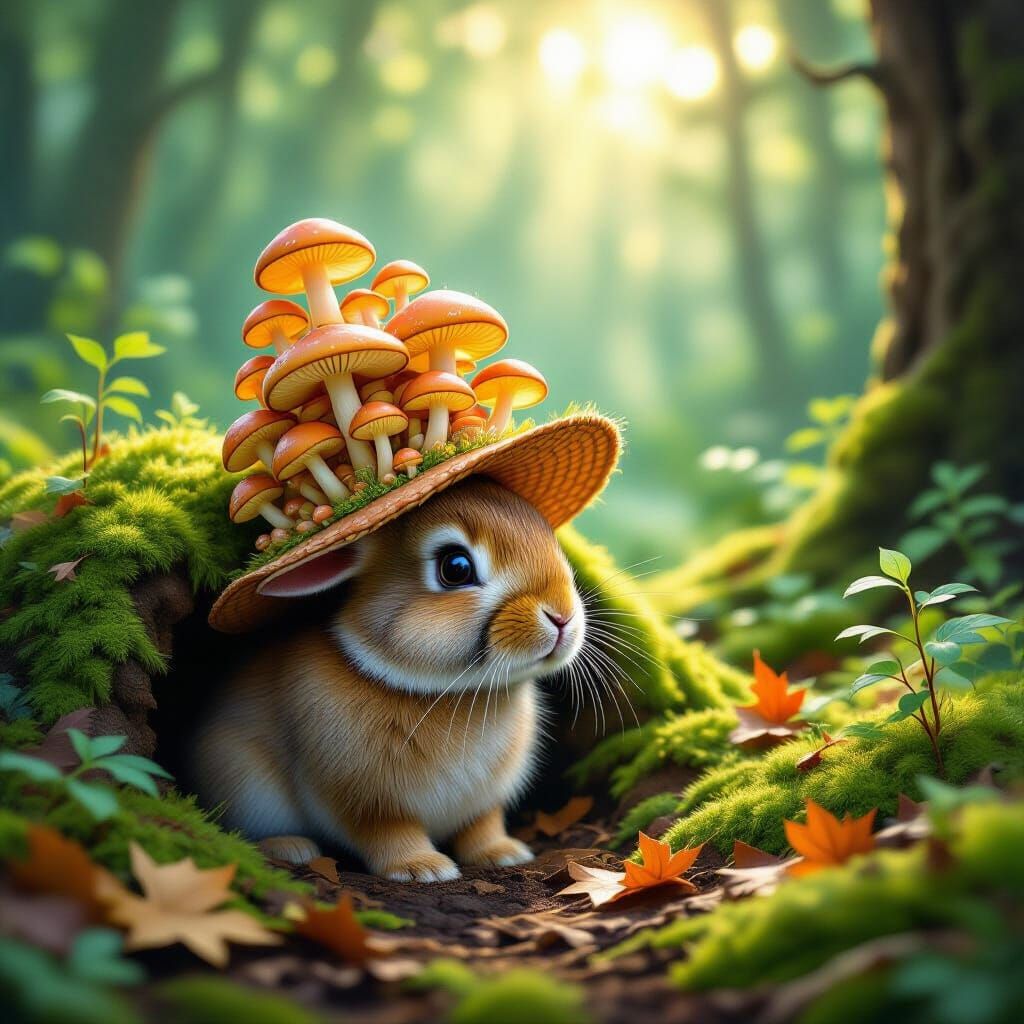 Rabbit with Bioluminescent Mushroom Hat in Enchanted Forest